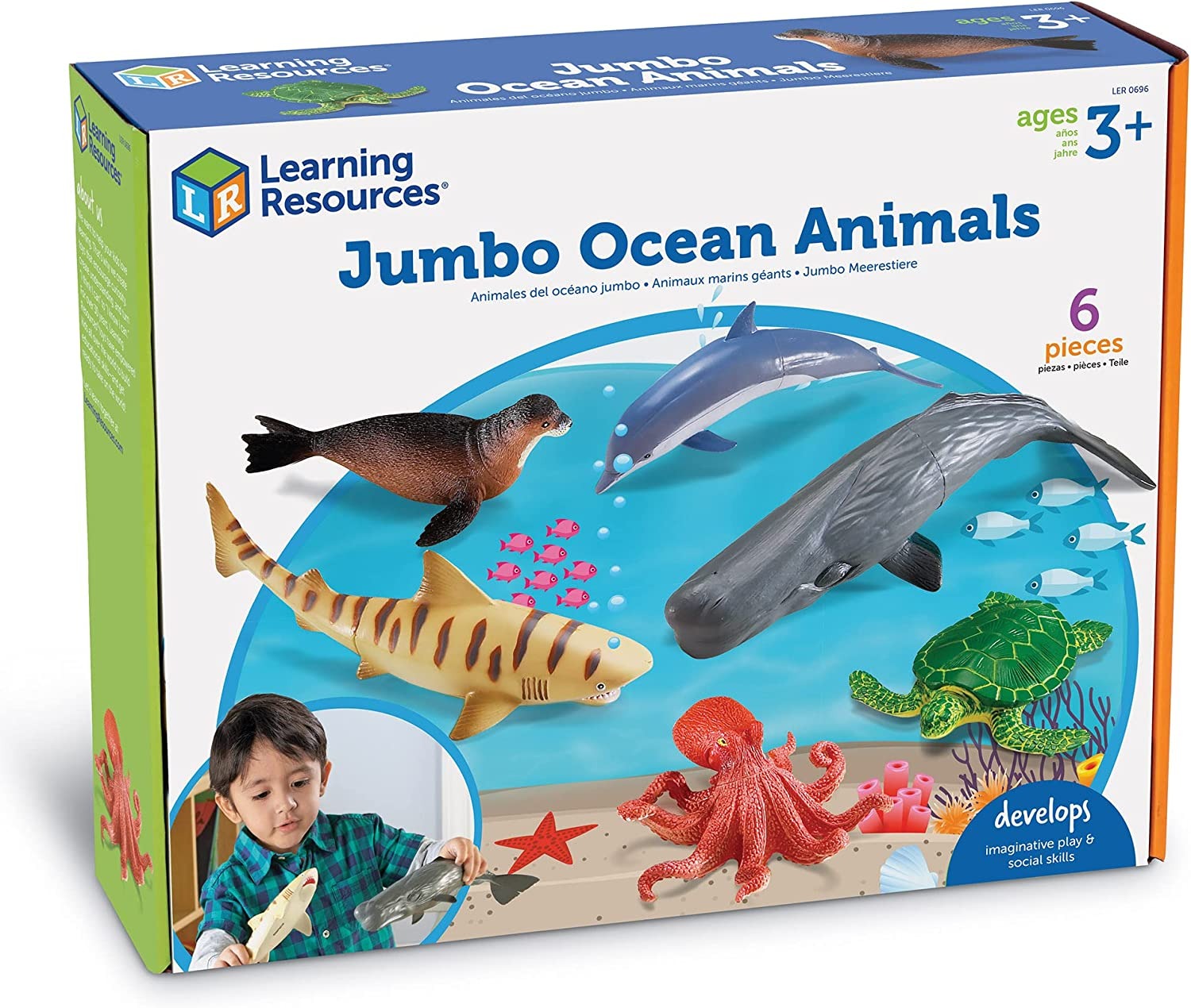 Jumbo Ocean Animals, These jumbo ocean animals are not only fun for playtime, but they also have educational benefits. Your child will develop their oral language skills as they engage in imaginative play, creating stories and adventures with these larger-than-life creatures. It's a great way to encourage creativity and communication. The Jumbo Ocean Animals set is also perfect for theme-based units and life-science lessons. Whether your child is learning about the ocean, sea creatures, or animal habitats, 