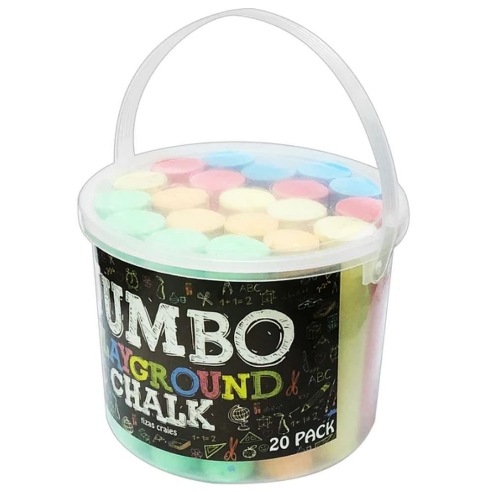 Jumbo Playground Chalks Pack of 20, Unleash your inner artist and bring vibrant colors to your outdoor adventures with the Jumbo Playground Chalk Pack of 20. This pack is a must-have for any creative soul looking to add a playful touch to blackboards, pavements, and more.Included in this pack are 20 jumbo chalk sticks in an array of captivating colors. With white, blue, purple, green, red, pink, and yellow at your disposal, the possibilities for artistic expression are endless. These high-quality chalk stic