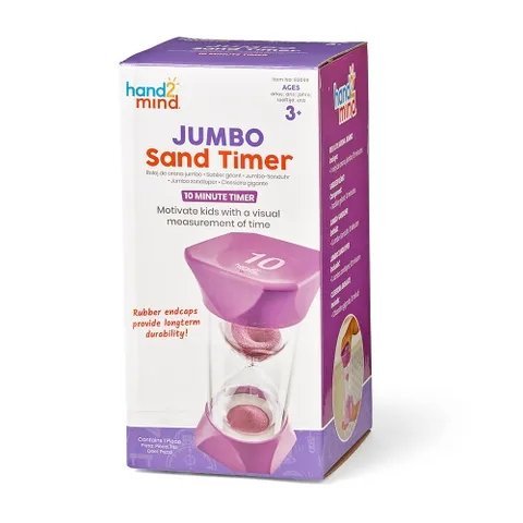 Jumbo Sand Timers 10-Minutes, The Jumbo Sand Timer (10-Minute) is a versatile and educational tool designed to offer a visual representation of the passage of 10 minutes. Suitable for use in classrooms or at home, it serves as a fantastic aid for teaching time management, transitioning between activities, or creating a peaceful environment. Jumbo Sand Timers 10-Minutes Features: Visual Representation: The vivid purple sand within this oversized timer captivates children and provides an eye-catching, tangibl