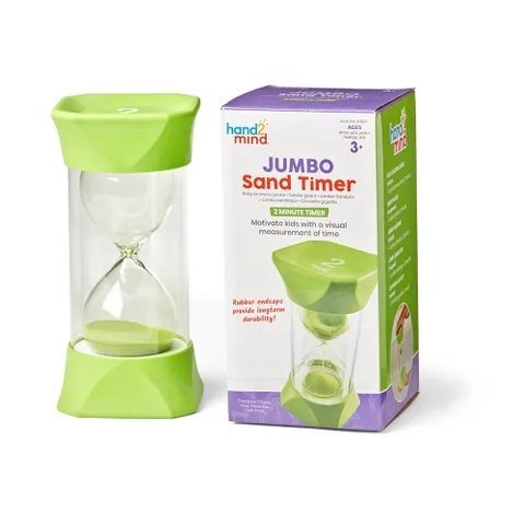 Jumbo Sand Timers, 2-Minutes, The 2-Minute Jumbo Sand Timer is an engaging and educational tool, perfect for both classroom settings and home use. Designed to provide a tangible representation of the passage of 2 minutes, it offers a variety of practical applications for young learners. Jumbo Sand Timers, 2-Minutes Features: Visual Aid: The vibrant green sand within the oversized timer offers an eye-catching, interactive way to understand the concept of 2 minutes, making time management more accessible for 