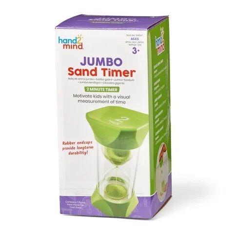 Jumbo Sand Timers, 2-Minutes, The 2-Minute Jumbo Sand Timer is an engaging and educational tool, perfect for both classroom settings and home use. Designed to provide a tangible representation of the passage of 2 minutes, it offers a variety of practical applications for young learners. Jumbo Sand Timers, 2-Minutes Features: Visual Aid: The vibrant green sand within the oversized timer offers an eye-catching, interactive way to understand the concept of 2 minutes, making time management more accessible for 