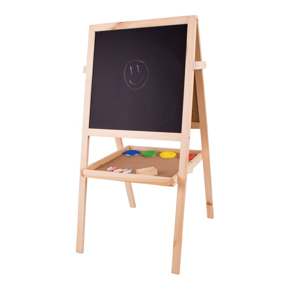 Junior Art Easel, Creative skills can easily be nurtured with this versatile wooden Junior Art Easel.The Junior Art Easel features a dry wipe magnetic whiteboard on one side, with a traditional blackboard on the other.The Junior Art Easel also includes a paper roll which can easily be affixed to the easel, four paint pots, a board eraser and 12 sticks of coloured chalk. Made from high quality, responsibly sourced materials. Conforms to current European safety standards. Creative skills can be nurtured with 