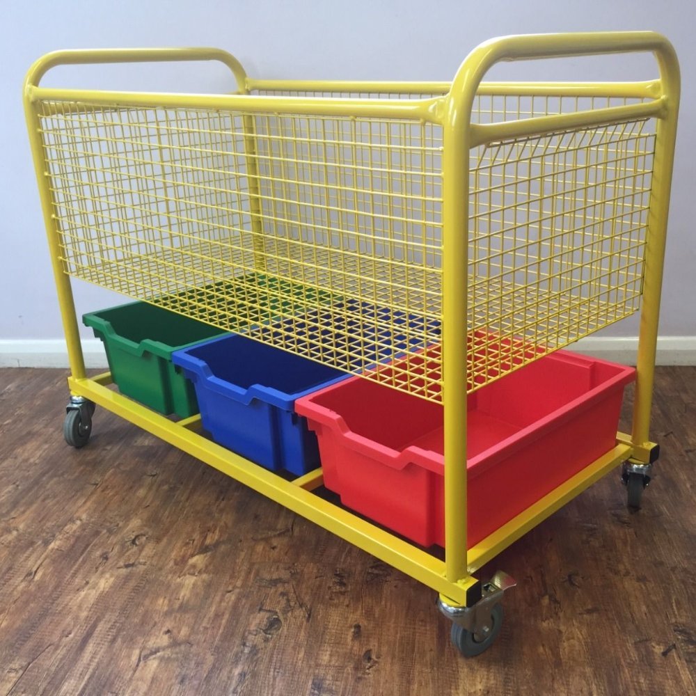Junior Deluxe Trolley Yellow, The Junior Deluxe Trolley is the ultimate storage solution for sports equipment in schools and EYFS settings. This trolley is designed to keep your sports gear organized and easily accessible.Featuring epoxy powder coating in a vibrant yellow color, this trolley not only looks great but is also highly durable. The yellow color adds a touch of brightness to any space, making it perfect for school and playground environments. Equipped with three deep Gratnell trays, you have ampl