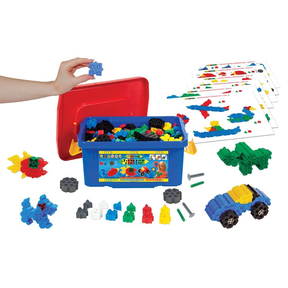Junior Starter 400 Set, Morphun is an award-winning construction system that has great creative and fun value, and outstanding educational uses. Our Junior Starter range of building bricks provides a vehicle for learning in a range of subjects. Each set includes 15 pieces including side-joining squares and triangles in 6 colours, long connecting pieces, wheels and axles. With an array of pieces, creative youngsters are able to make endless 2D and 3D models. Moreover, using the included Guide Book children c