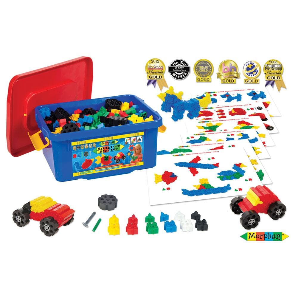 Junior Starter 400 Set, Morphun is an award-winning construction system that has great creative and fun value, and outstanding educational uses. Our Junior Starter range of building bricks provides a vehicle for learning in a range of subjects. Each set includes 15 pieces including side-joining squares and triangles in 6 colours, long connecting pieces, wheels and axles. With an array of pieces, creative youngsters are able to make endless 2D and 3D models. Moreover, using the included Guide Book children c