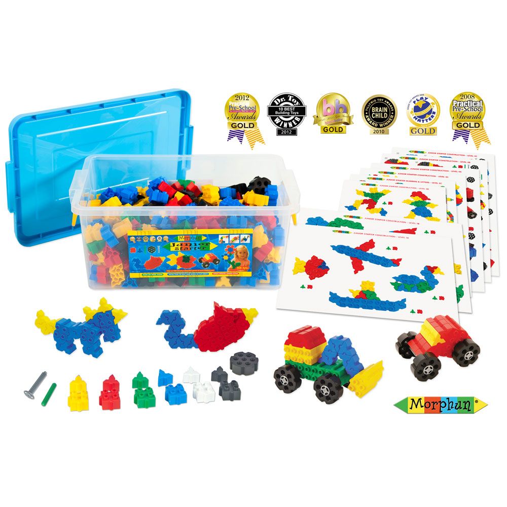 Junior Starter 600 Set, Morphun is an award-winning construction system that has great creative and fun value, and outstanding educational uses. Our Junior Starter range of building bricks provides a vehicle for learning in a range of subjects. Each set includes 15 pieces including side-joining squares and triangles in 6 colours, long connecting pieces, wheels and axles.Unleash Creativity and Learning with Morphun Junior Starter Sets! Why Choose Morphun? Morphun is not just a toy; it's an award-winning educ