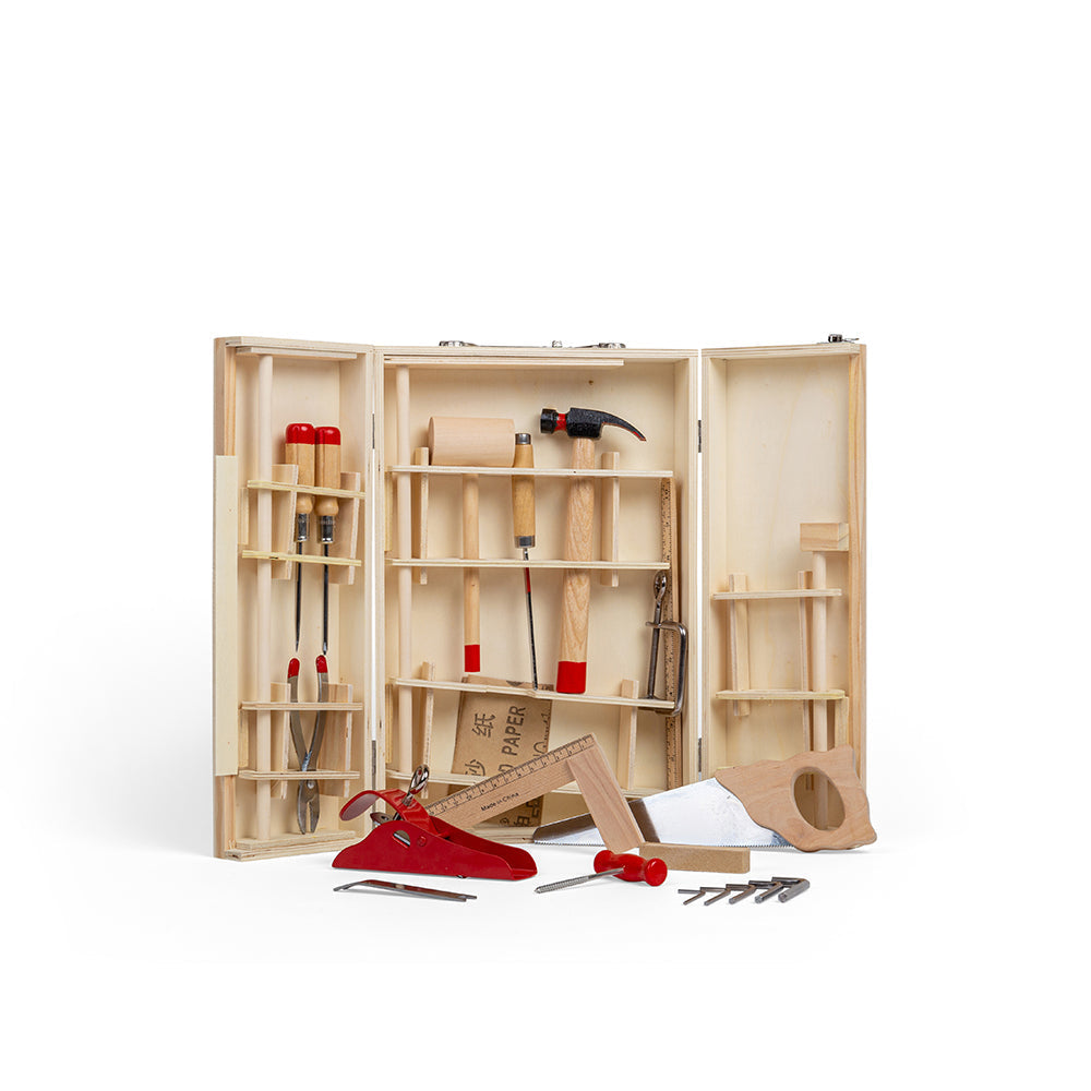 Junior Tool Box, Our Junior Kids Wooden Tool Box has everything a budding builder needs to develop their creative skills and construction craft! This kids tool box set features 28 functional tools that can be used on real-life DIY projects. Young carpenters can choose from screwdrivers, saws, spanners, a hammer and a plane to name just a few! This lifelike kids tool box is a great way to develop creative and practical life skills. The tools in the Junior Tool Box are all functional and come with metal tool 