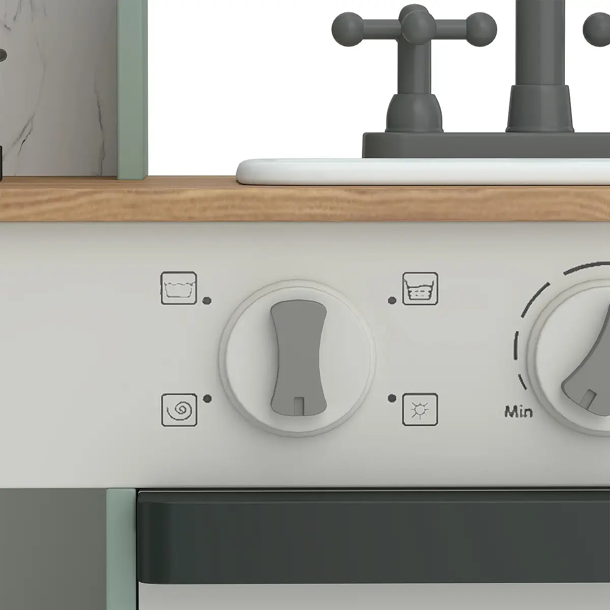 Clicking control knobs on the Kids Pretend Play Kitchen