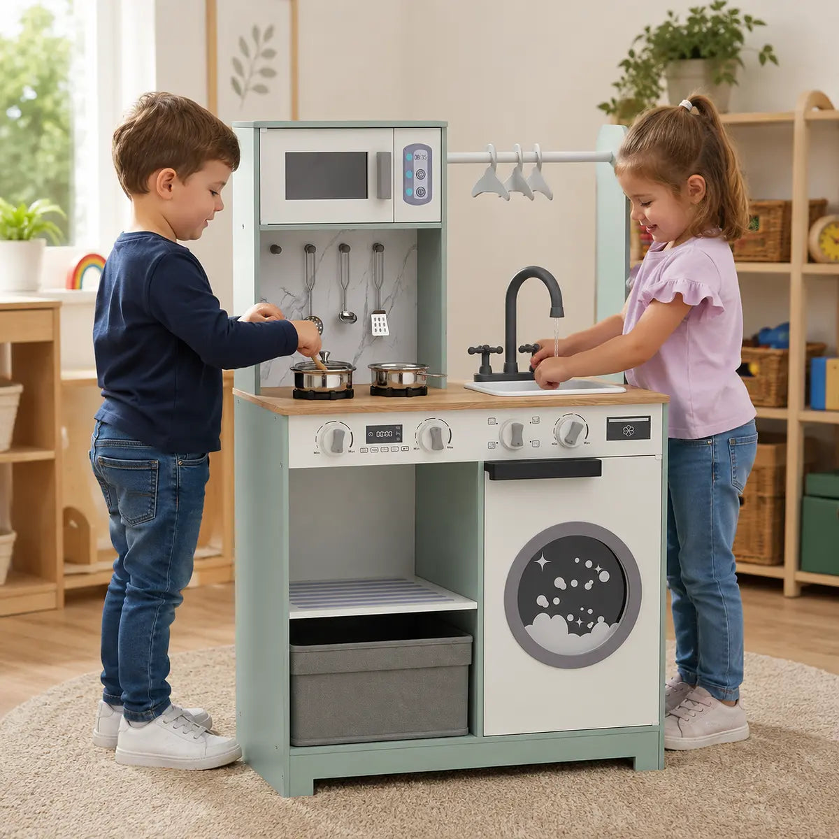 Children using the Kids Pretend Play Kitchen in an early years classroom