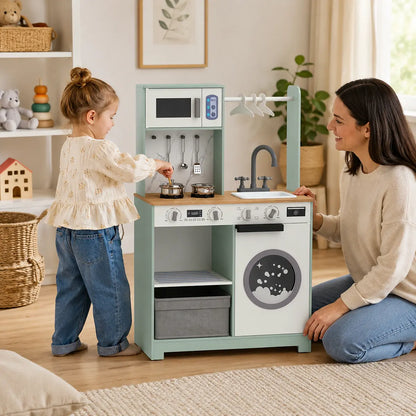 Child and parent enjoying imaginative play with the kids kitchen