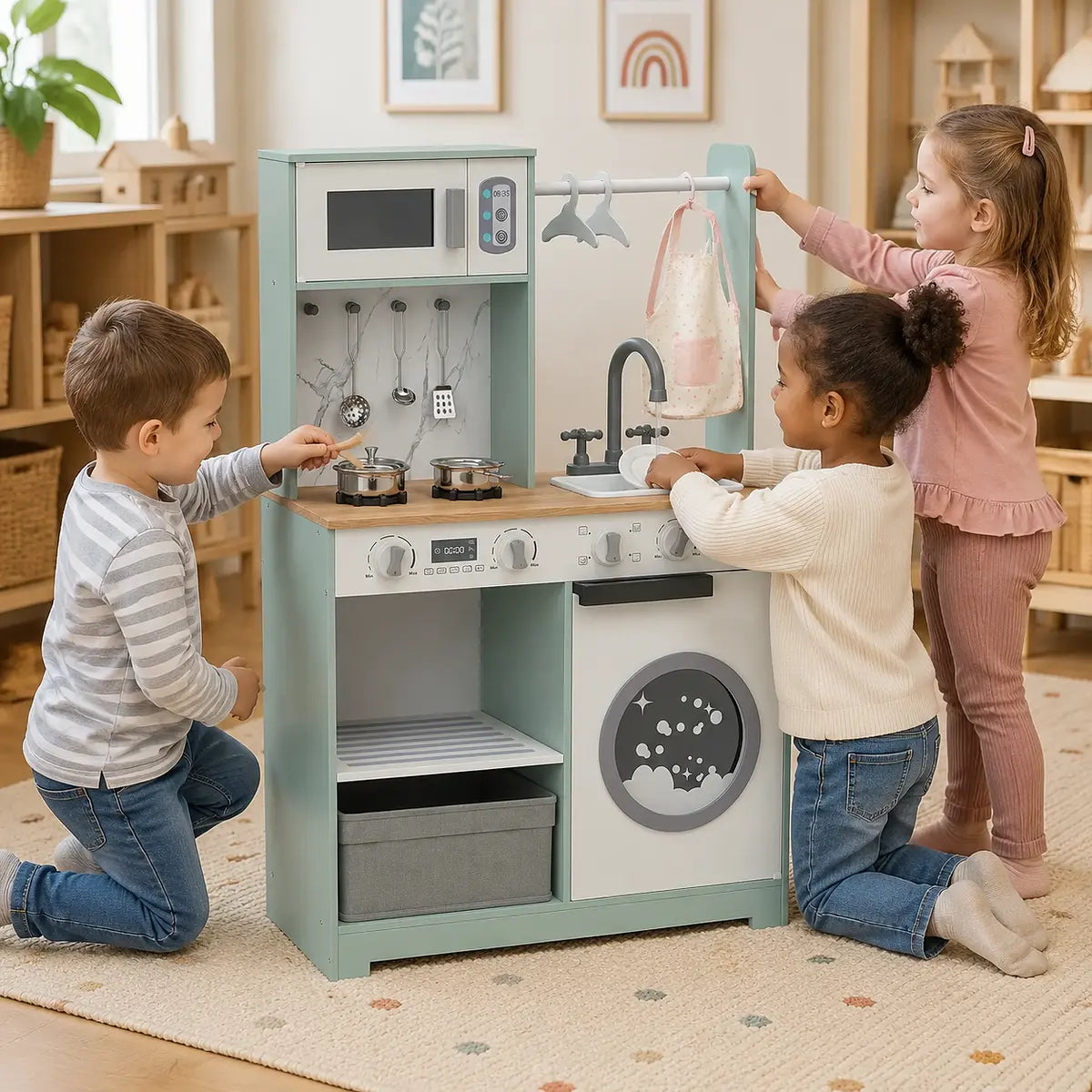 Children sharing role play activities with the pretend play kitchen
