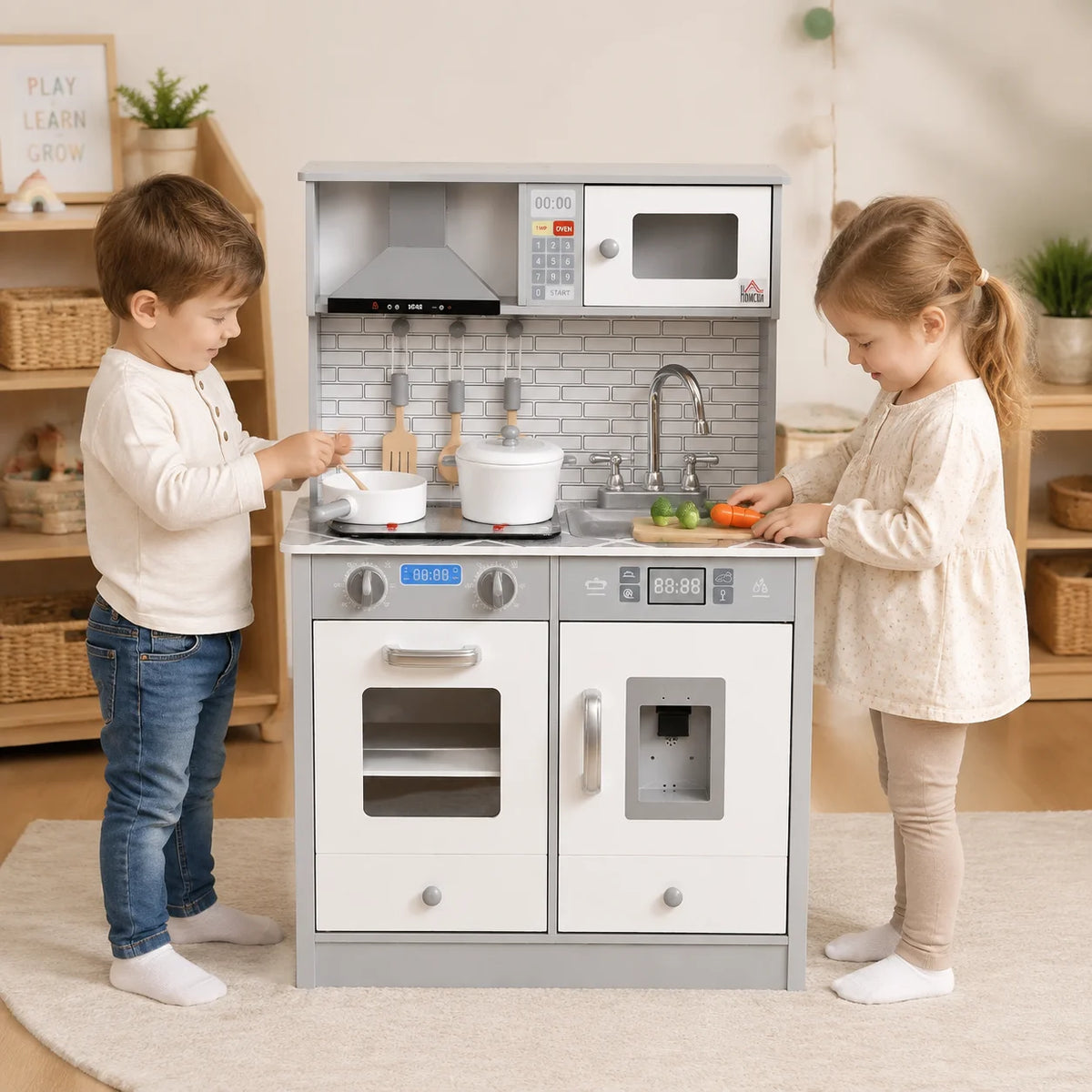 Kids' Play Kitchen with Sound and Light – Grey-Kids' Play Kitchen with Sound and Light – Grey