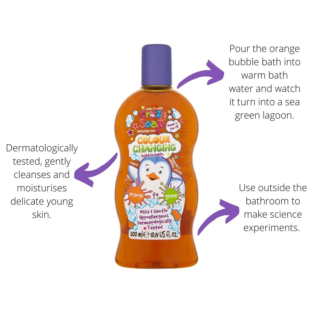 Kids Stuff Crazy Colour Changing Bubble Bath, Make bath time a blast with the Kids Stuff Crazy Colour Changing Bubble Bath! This amazing bubble bath is sure to bring joy and excitement to your child's bath routine. Watch in amazement as the bubbly formula magically changes colours right before your eyes! From vibrant red to cool blue, the transformation will captivate your child and make bath time a fun adventure.But not only is this bubble bath entertaining, it is also safe for your little one. The mild an
