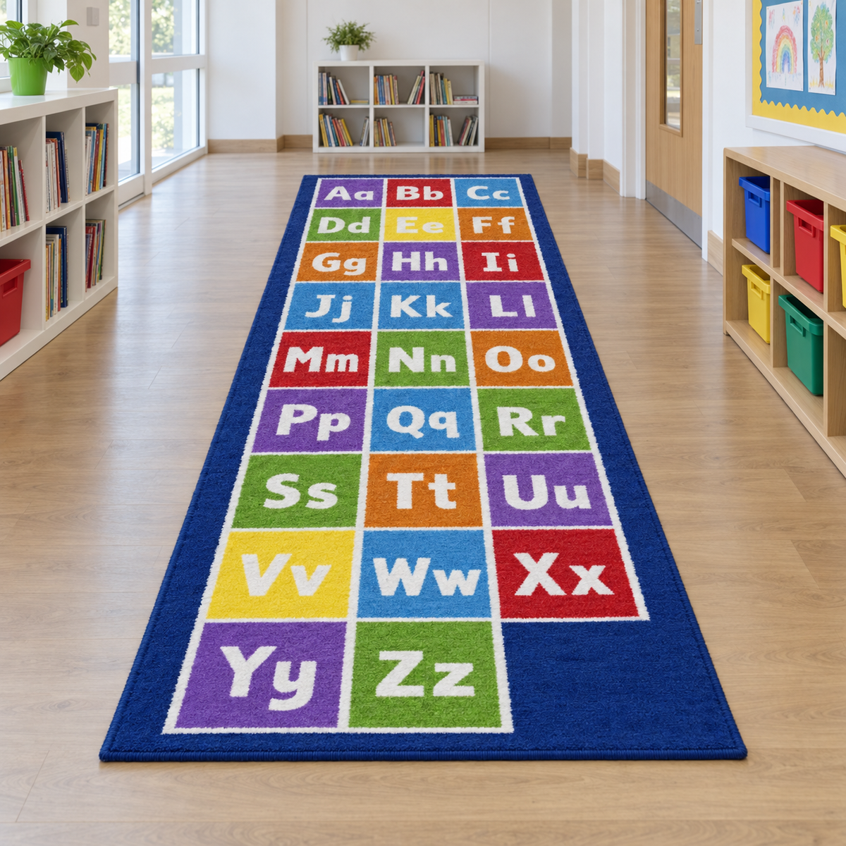 Kinder Alphabet Runner Carpet in a bright nursery corridor without children