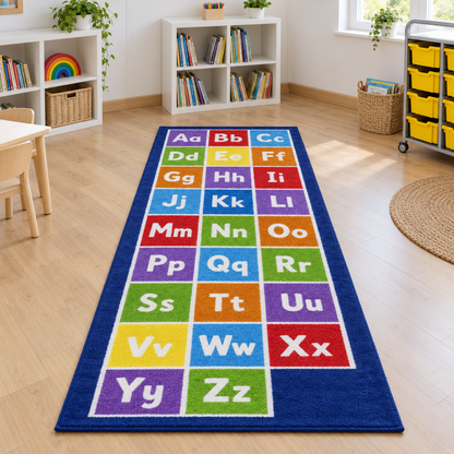 Kinder Alphabet Runner Carpet in a natural daylight reading area without children