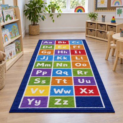 Kinder Alphabet Runner Carpet in an early years activity room without children