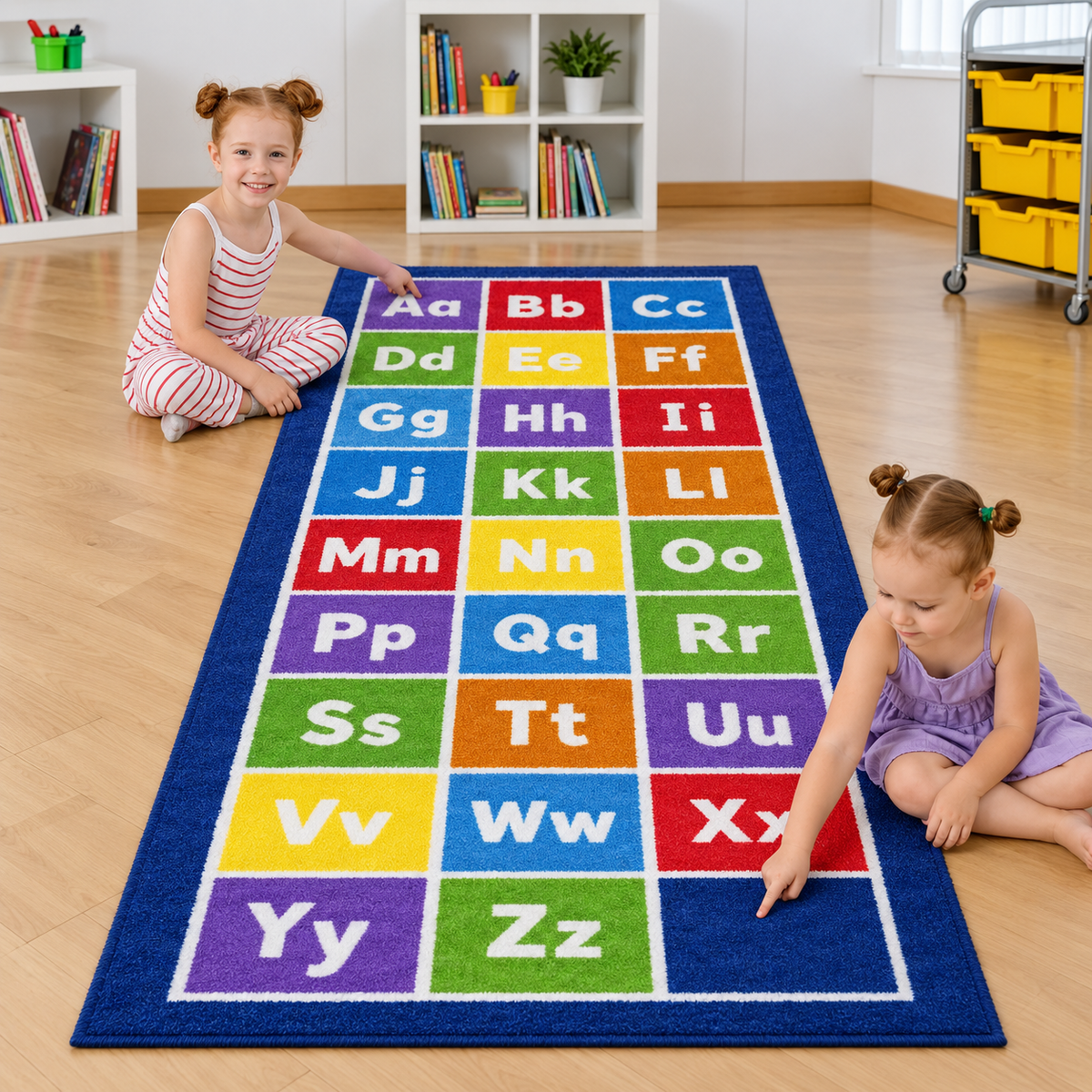 Children learning letters with the Kinder Alphabet Runner Carpet
