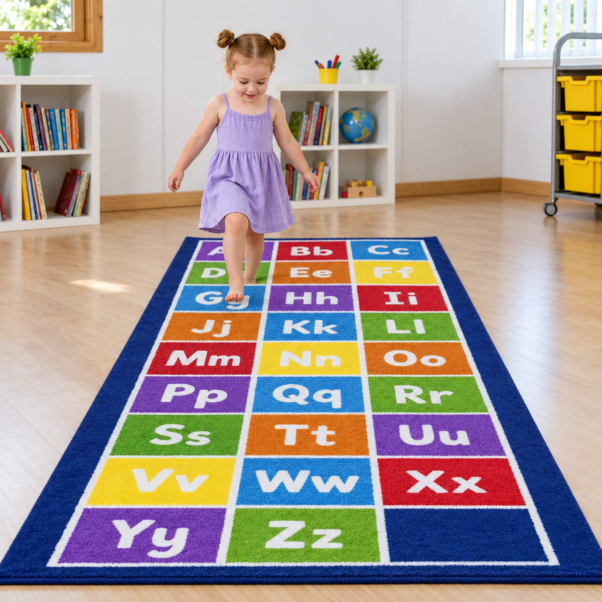 Child stepping along the Kinder Alphabet Runner Carpet