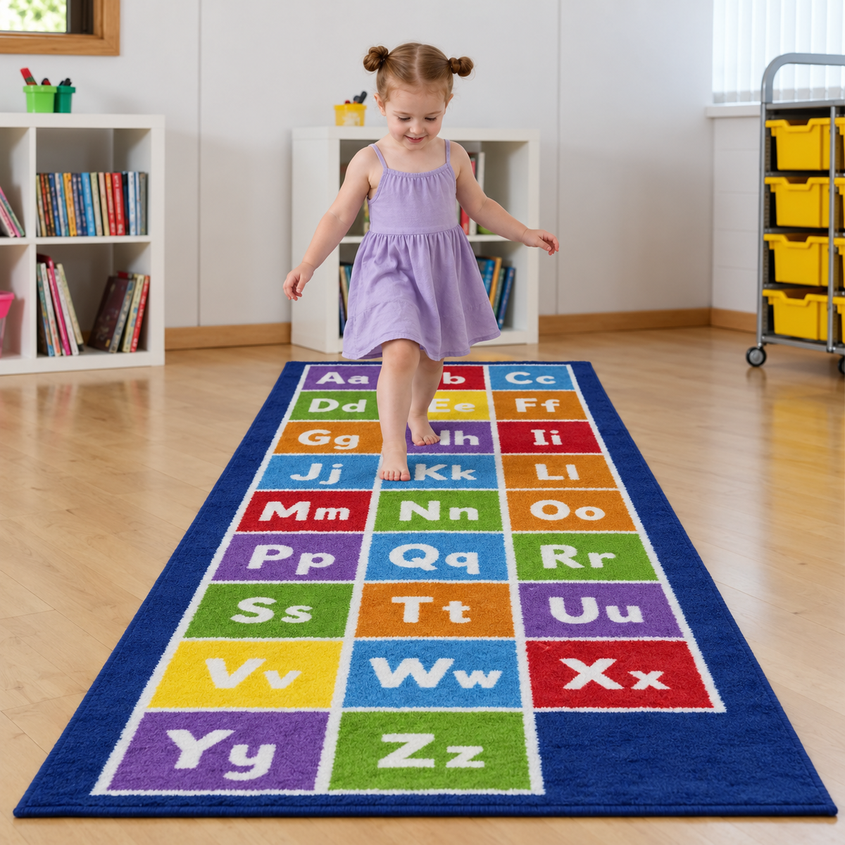 Child using the Kinder Alphabet Runner Carpet in a nursery