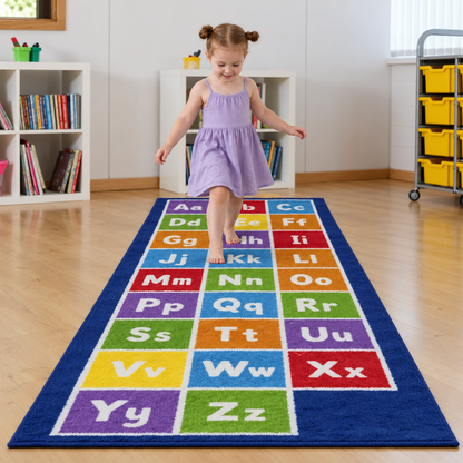 Child using the Kinder Alphabet Runner Carpet in a nursery