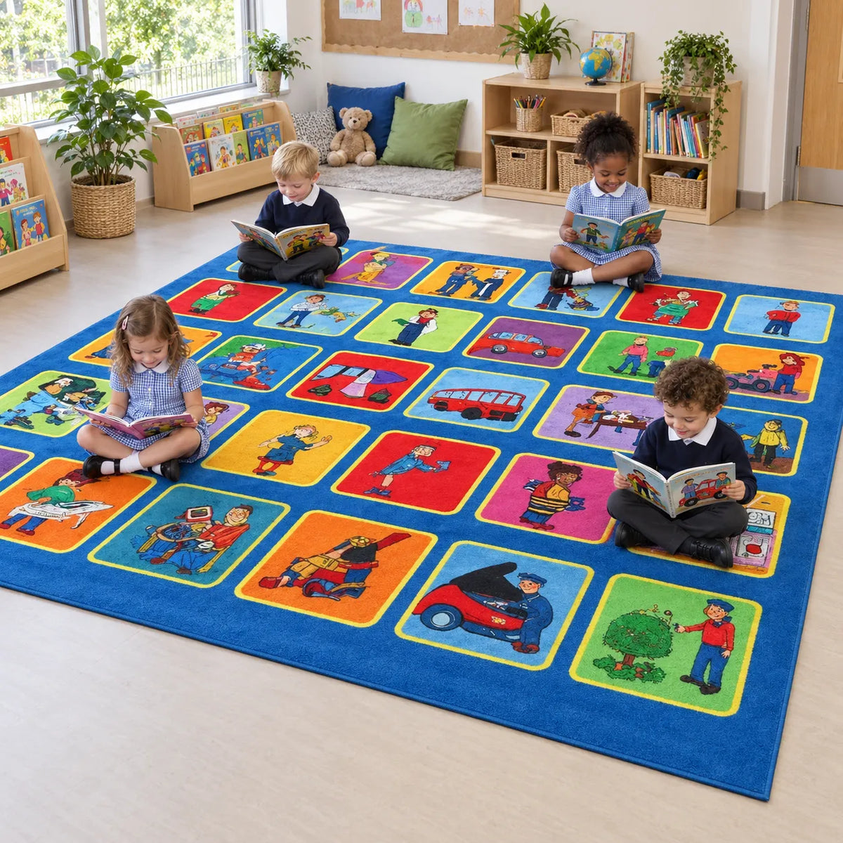 Children reading on Kinder Occupations Placement Carpet