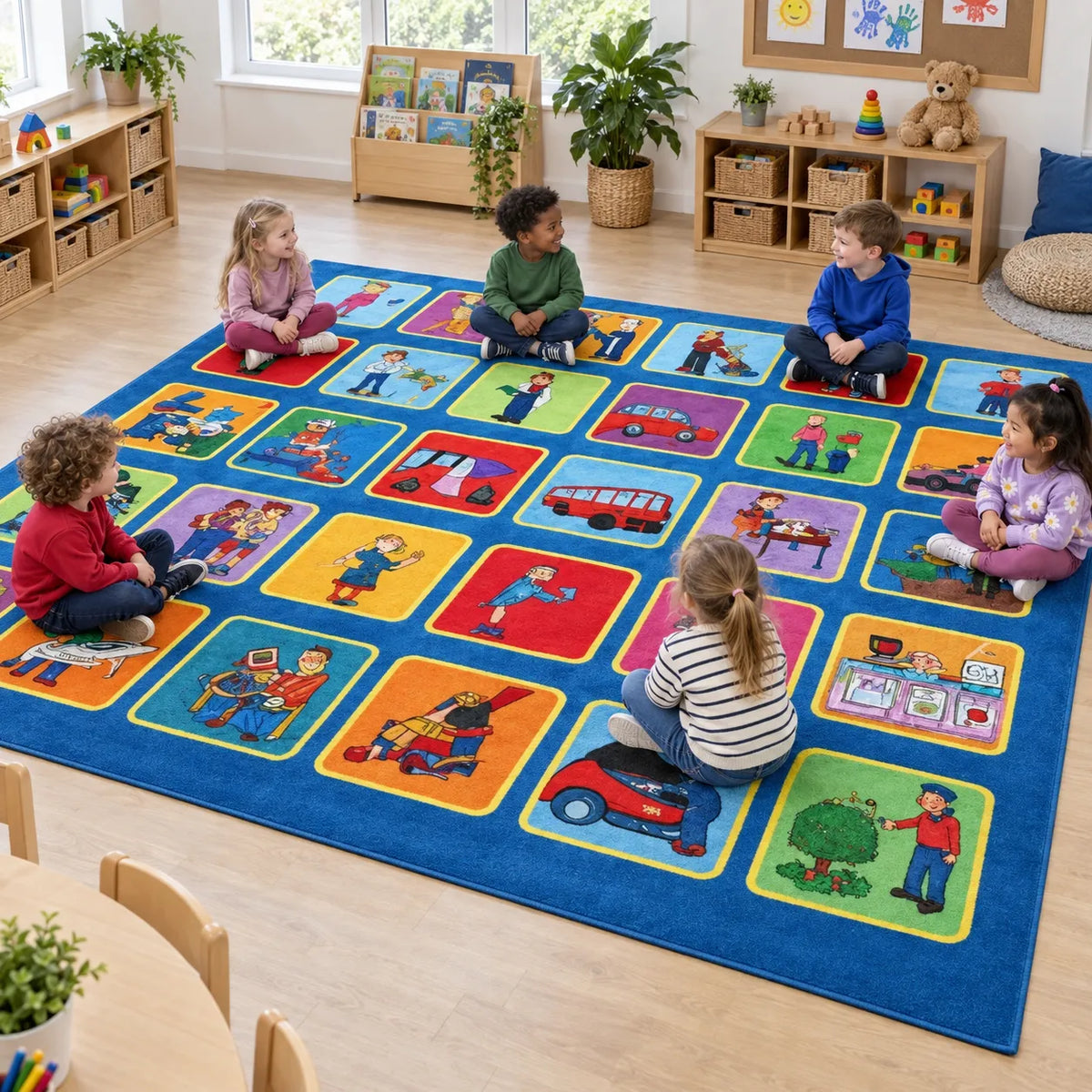 Children seated on Kinder Occupations Placement Carpet