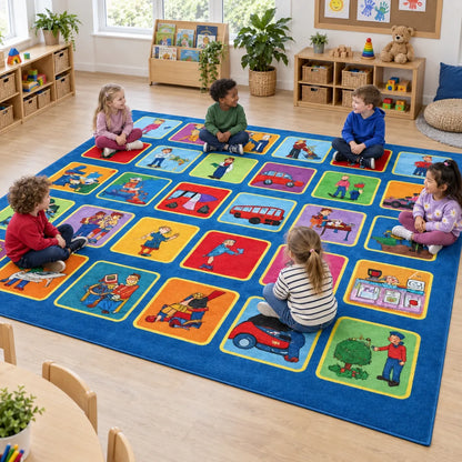 Children seated on Kinder Occupations Placement Carpet