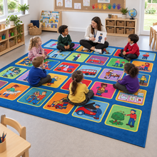 Children learning about occupations on Kinder Occupations Placement Carpet