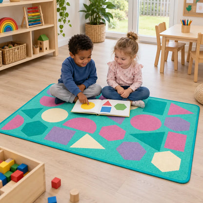 Children reading on Kinder Pastel Geometric Nursery Rug