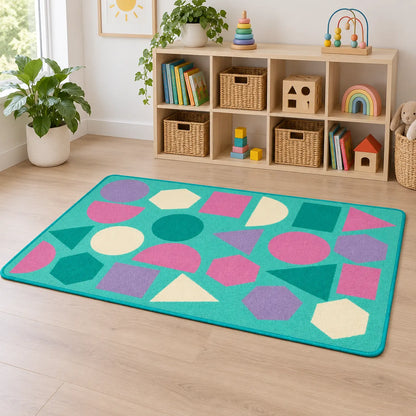 Kinder Pastel Geometric Nursery Rug in classroom without children