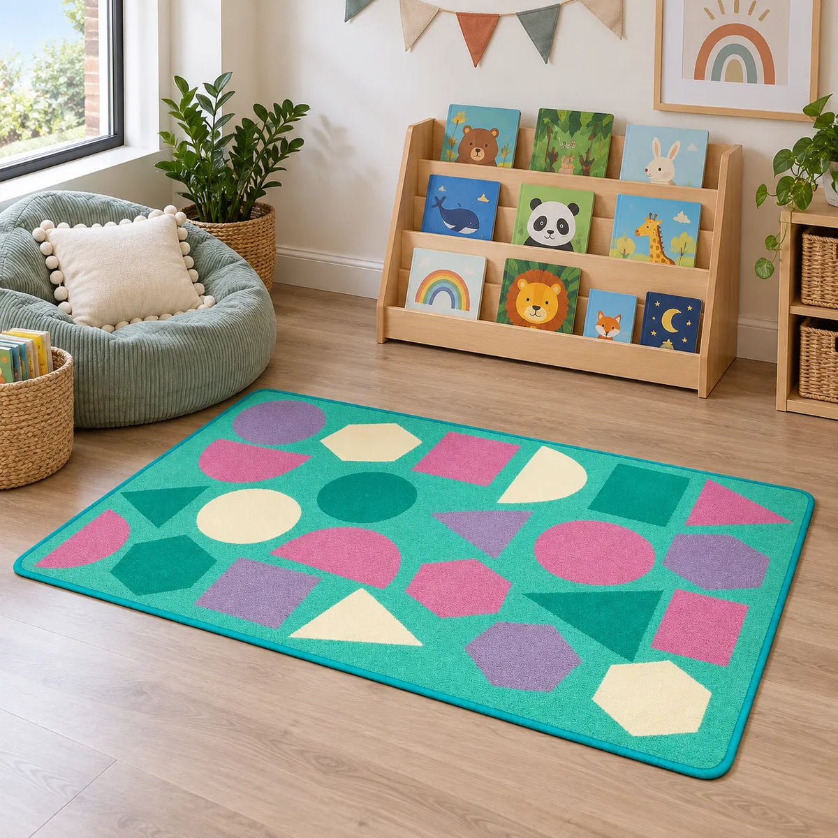 Kinder Pastel Geometric Nursery Rug in reading area without children