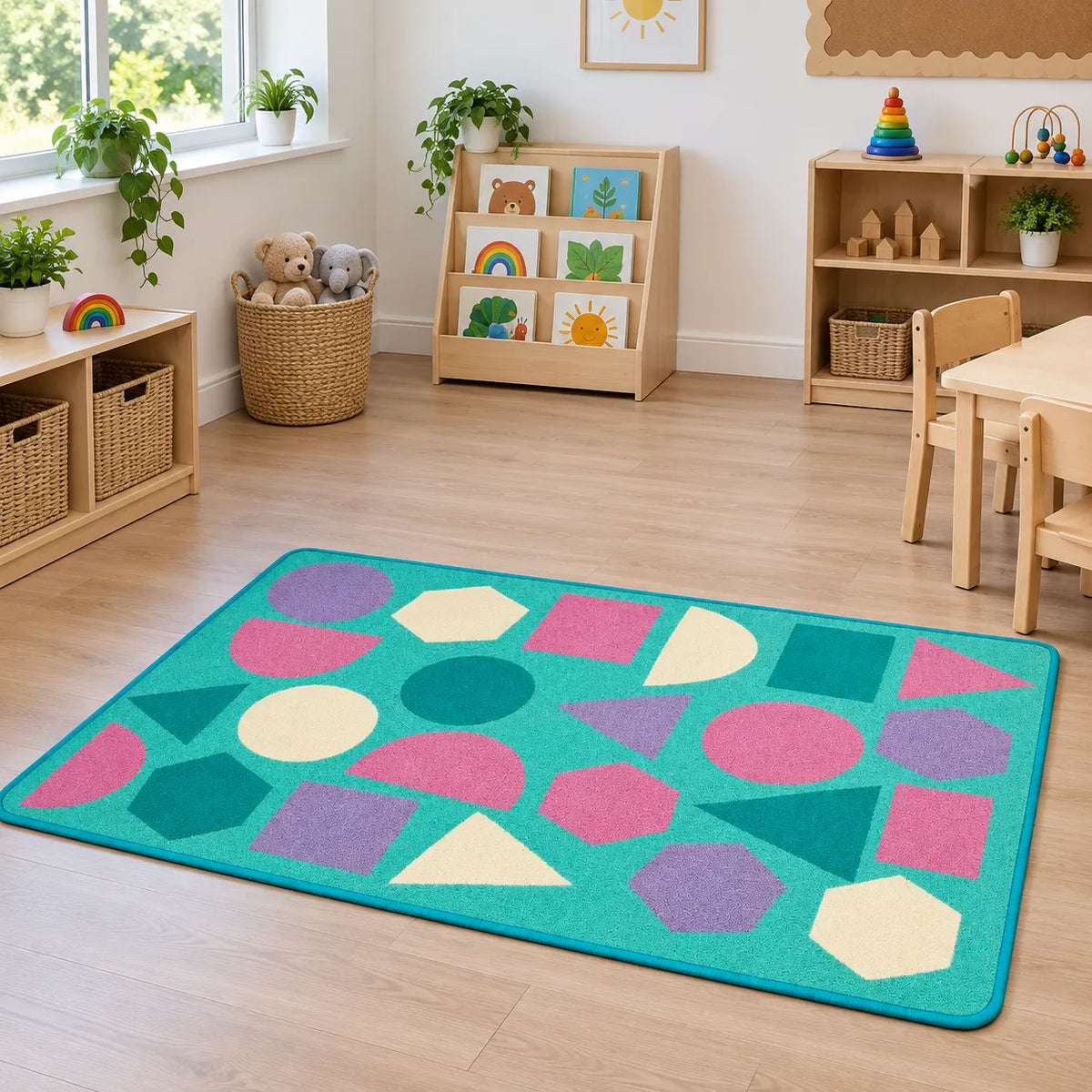 Kinder Pastel Geometric Nursery Rug in nursery without children