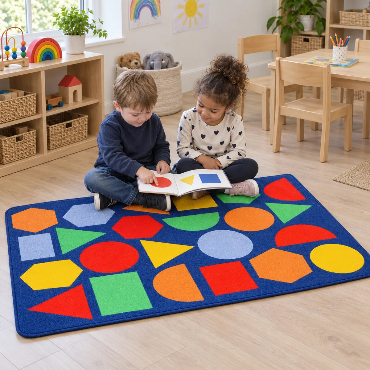 Children reading on Kinder Primary Geometric Nursery Rug