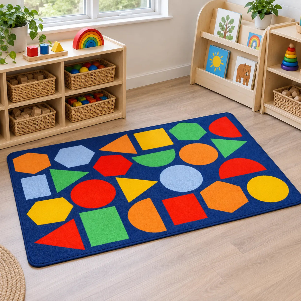 Kinder Primary Geometric Nursery Rug in classroom without children