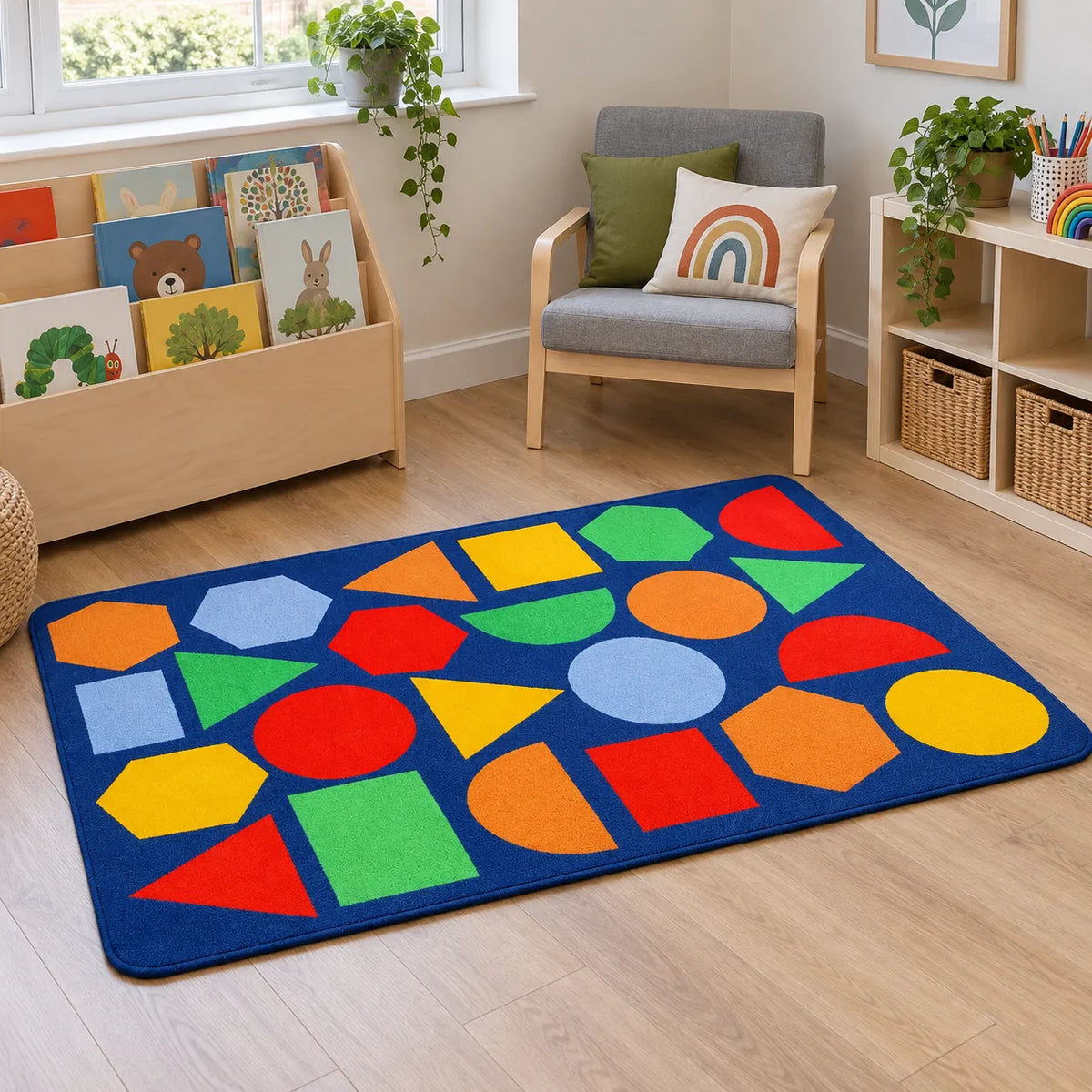 Kinder Primary Geometric Nursery Rug in reading area without children