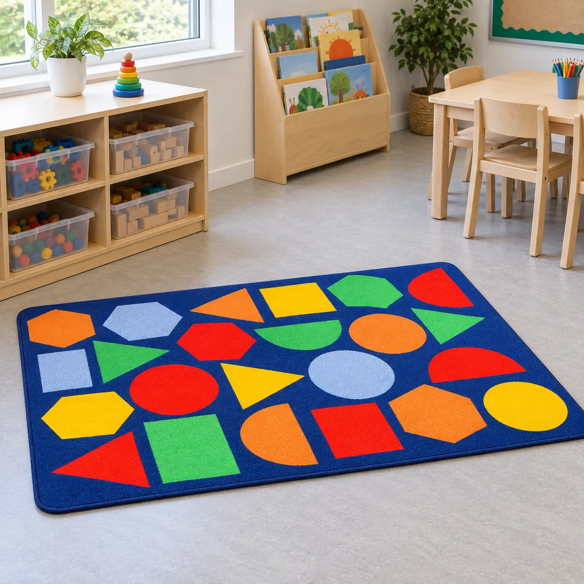 Kinder Primary Geometric Nursery Rug in activity area without children