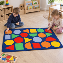 Children matching shapes on Kinder Primary Geometric Nursery Rug