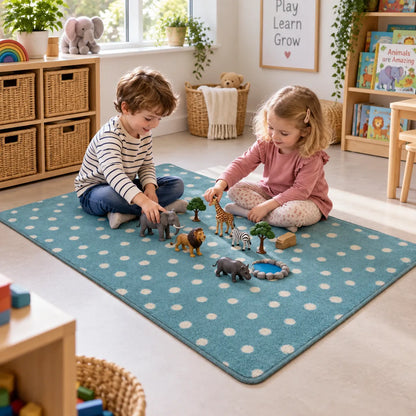 Children enjoying small world play on Kinder Teal Spotted Nursery Rug