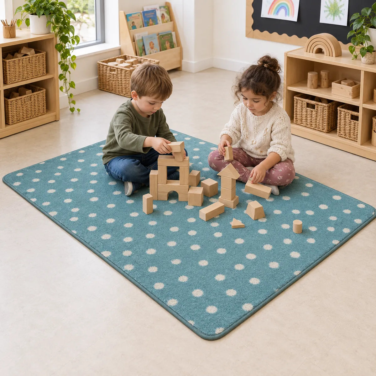 Children building on Kinder Teal Spotted Nursery Rug