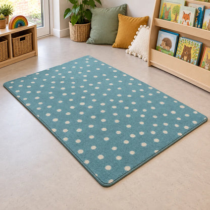 Kinder Teal Spotted Nursery Rug in reading corner without children