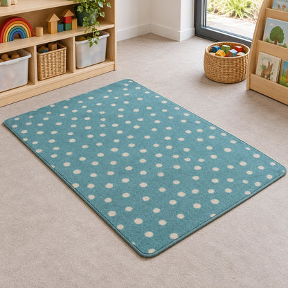 Kinder Teal Spotted Nursery Rug in block play area without children