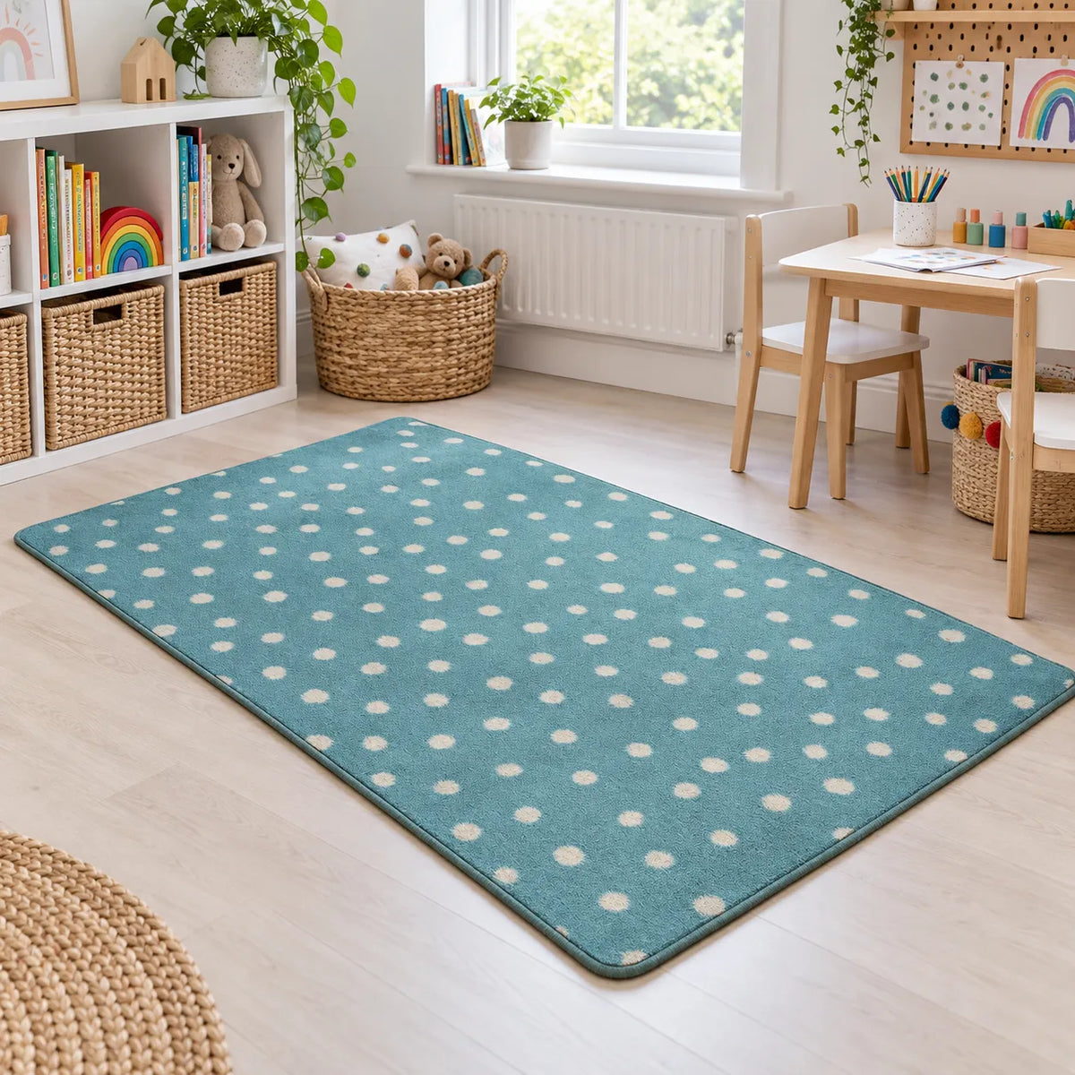 Kinder Teal Spotted Nursery Rug in creative area without children