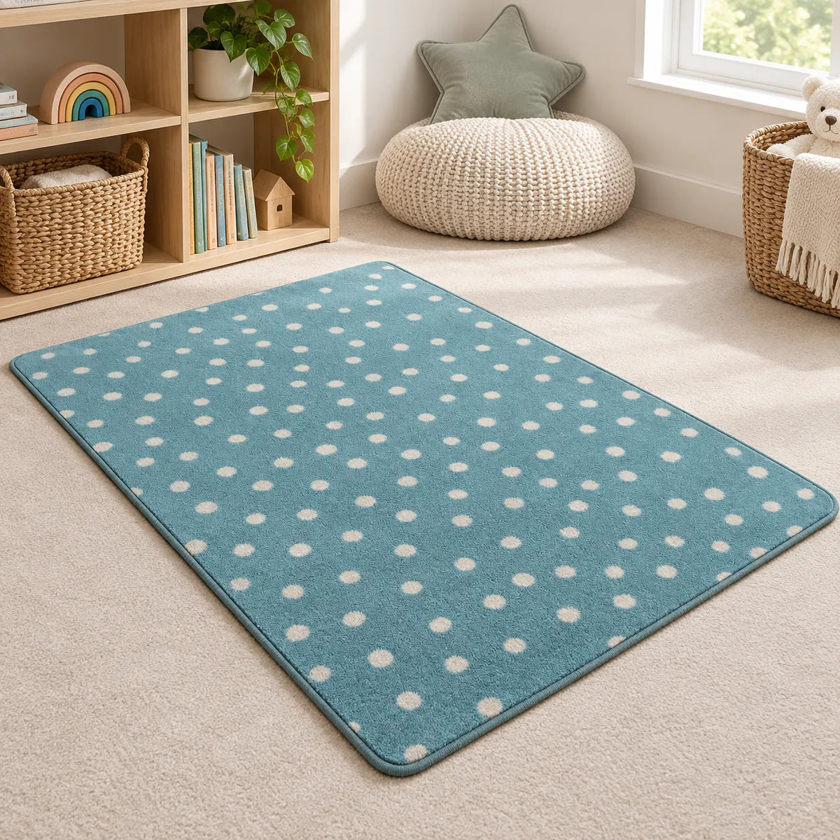 Kinder Teal Spotted Nursery Rug in quiet corner without children