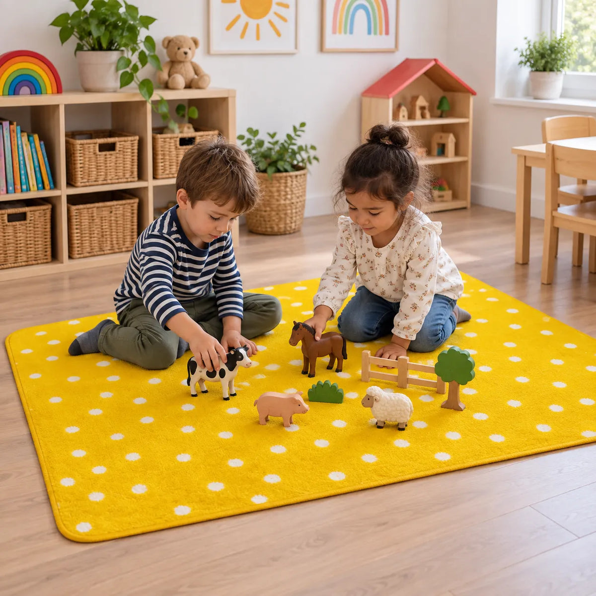 Children enjoying small world play on Kinder Yellow Spotted Nursery Rug