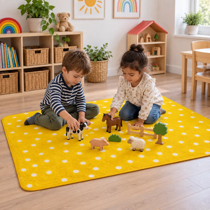 Children enjoying small world play on Kinder Yellow Spotted Nursery Rug