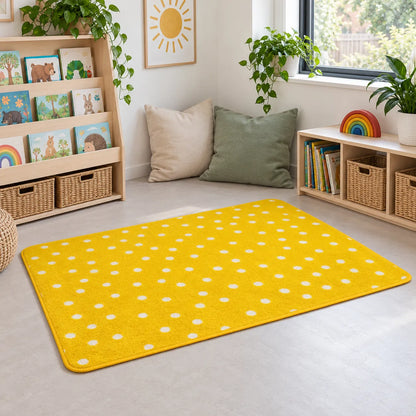 Kinder Yellow Spotted Nursery Rug in reading corner without children