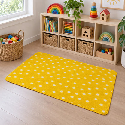 Kinder Yellow Spotted Nursery Rug in block play area without children