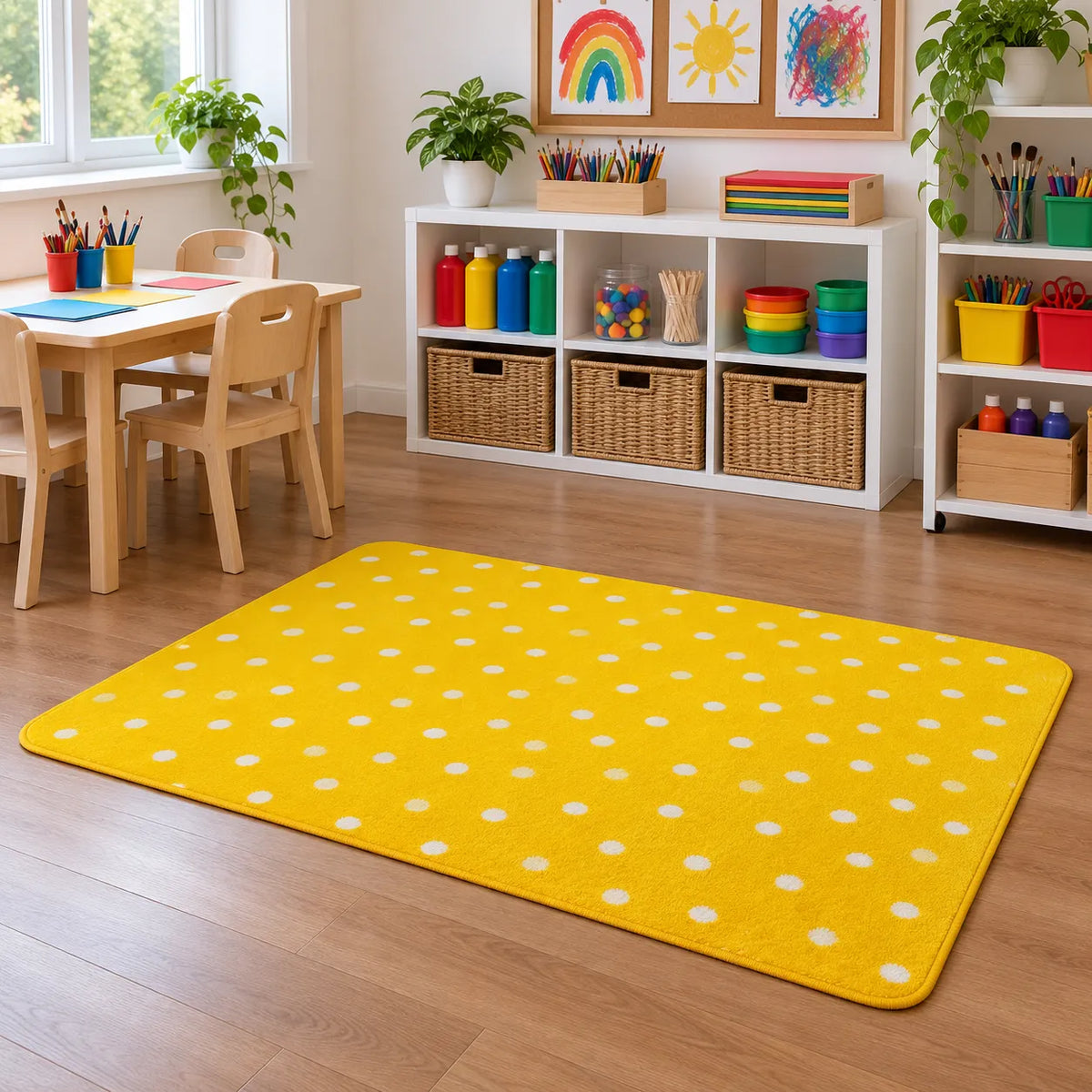 Kinder Yellow Spotted Nursery Rug in creative area without children