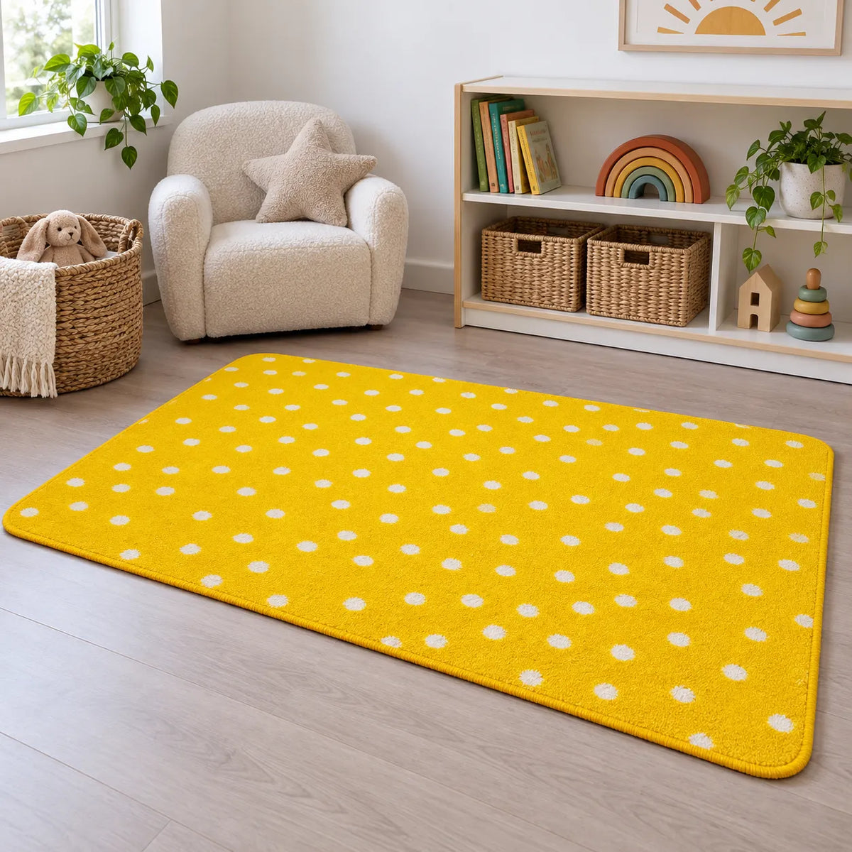 Kinder Yellow Spotted Nursery Rug in quiet corner without children