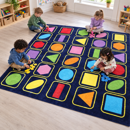 Children sorting shapes on Kindercolour Geometric Shapes Carpet
